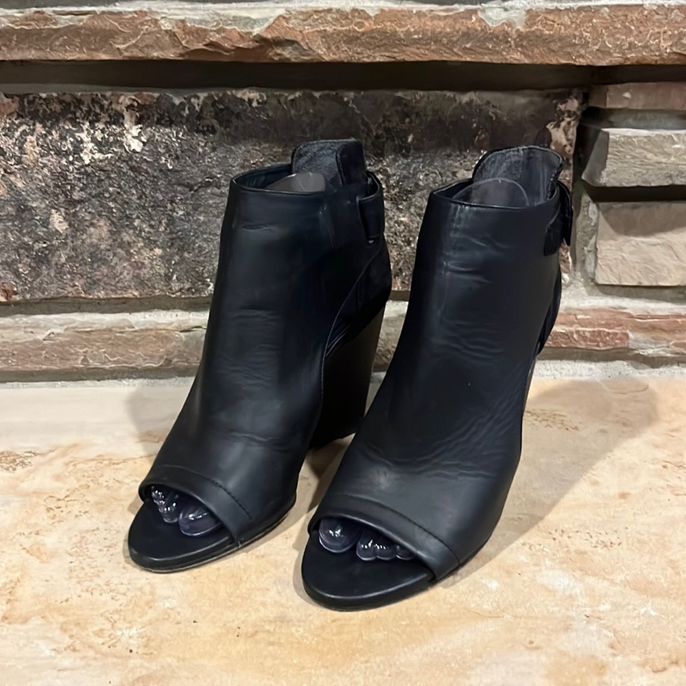 Vince Black Leather Peep Toe Wedge Heel